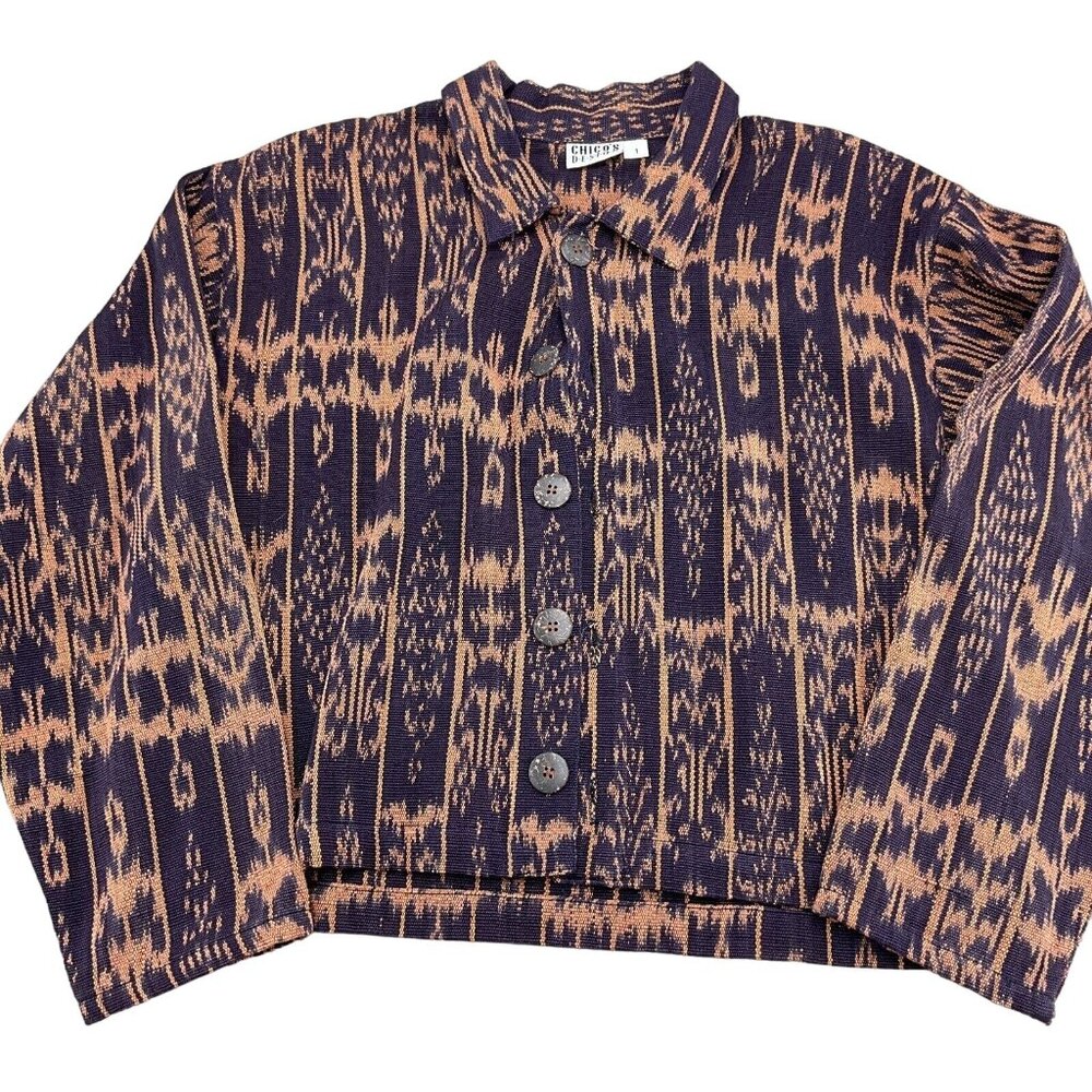 Chicos Jacket Women 1 Medium 10‎ Purple Orange Aztec Southwestern Tribal Shacket